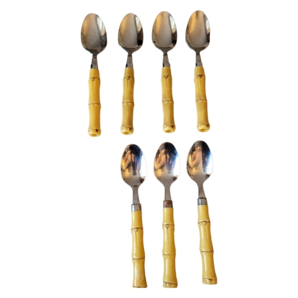 Vintage Bamboo Handled Spoons Set of 7 Stainless Steele - Picture 1 of 3